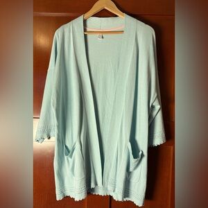 Isaac Mizrahi Light Aqua Open-Front Scalloped Pointelle Cardigan Size 1X